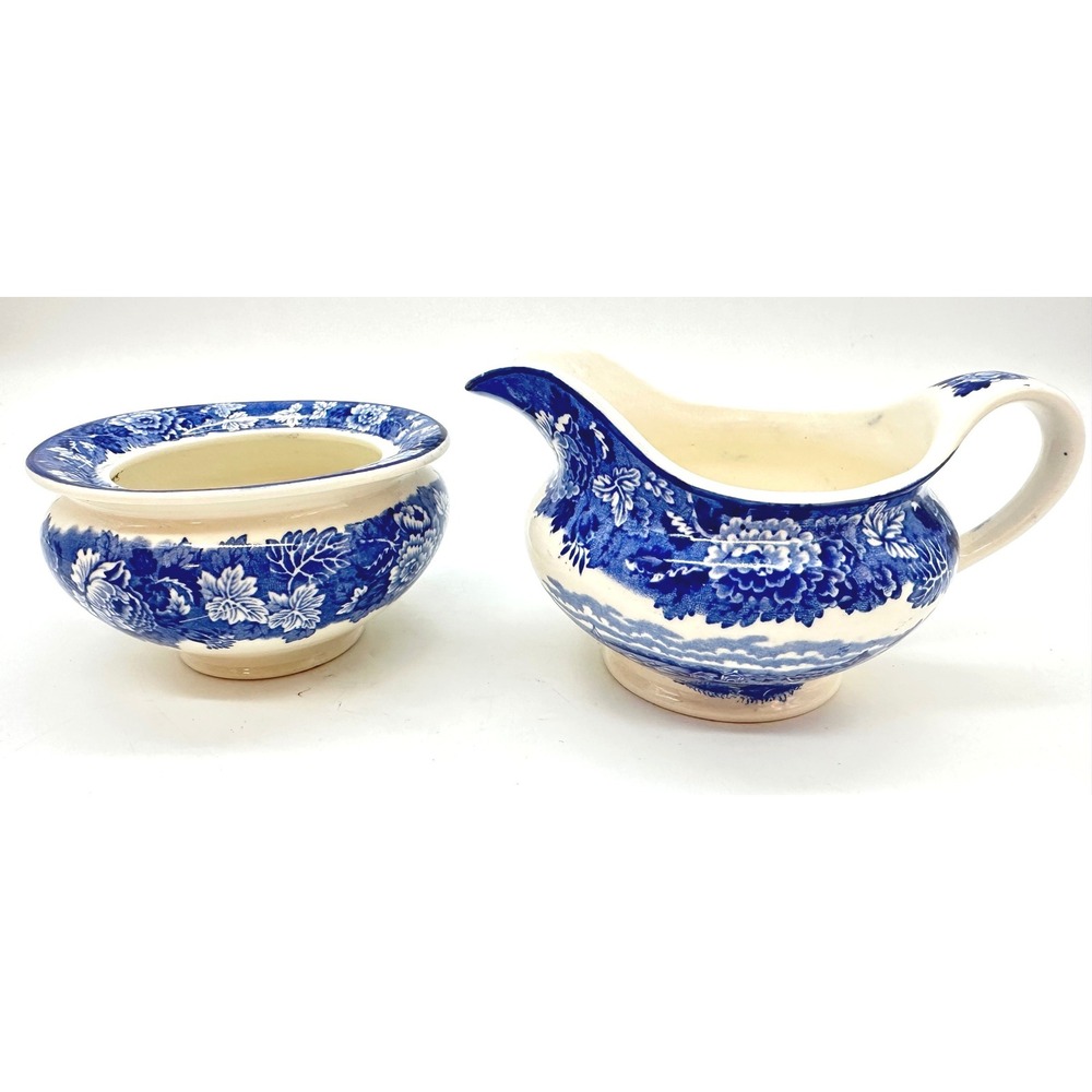 Vintage Enoch Wood's English Scenery Creamer Sugar Set Wood & Sons Blue White